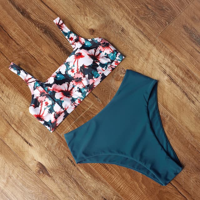 Bralette-Bikini Blumen & Petrol